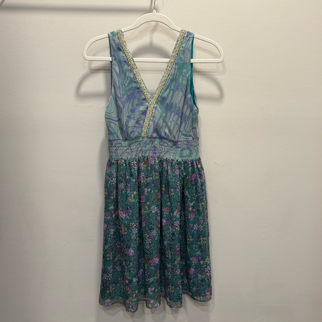 Meghan Los Angeles Floral And Blue Print Beaded Dress